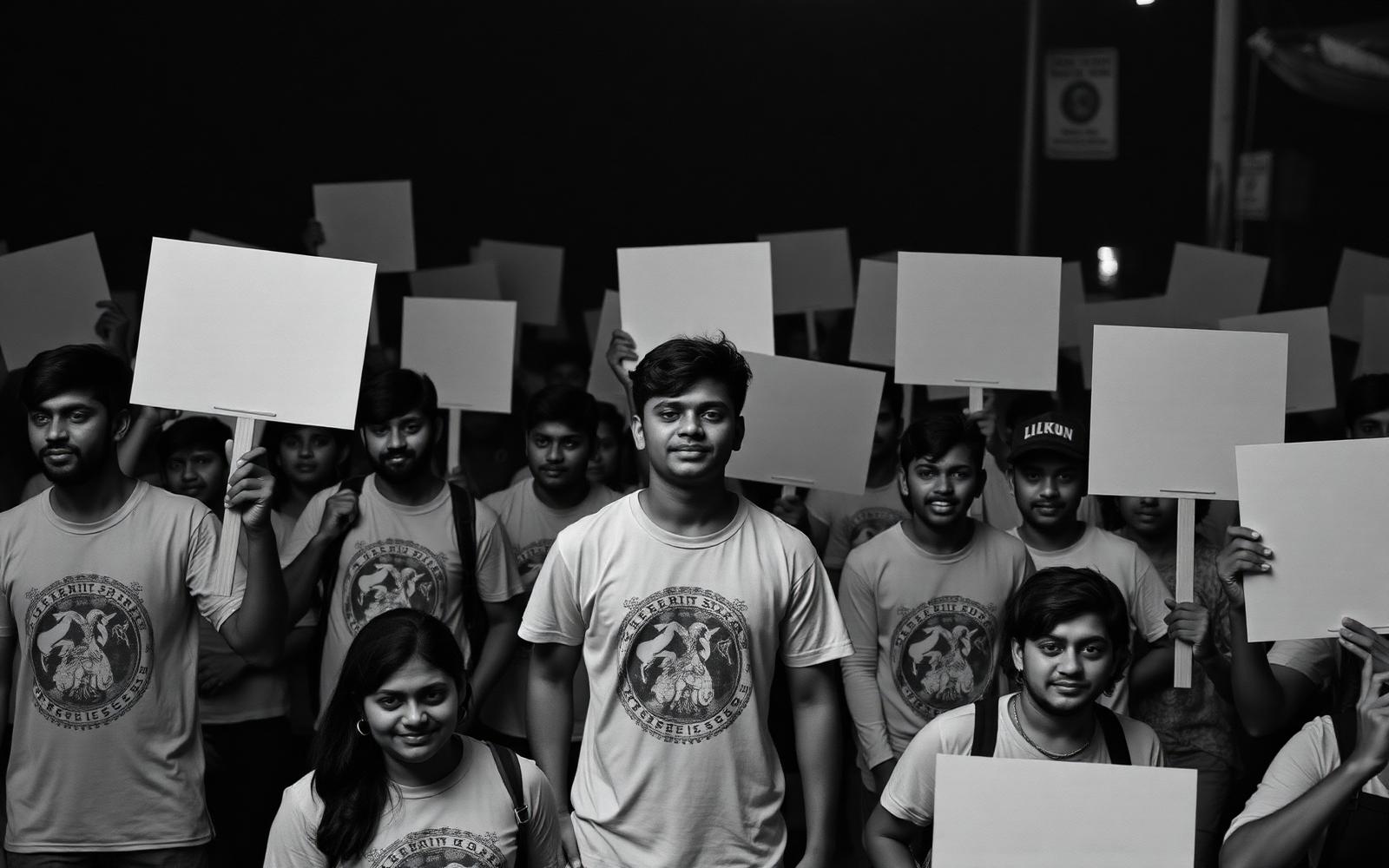 Young people holding blank protest placards